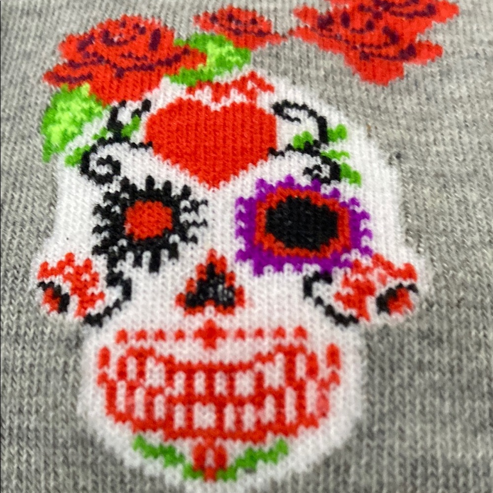 Gray Calavera sugar skull, Knee-High Socks with Red and Pink Accents - Picture 3 of 5